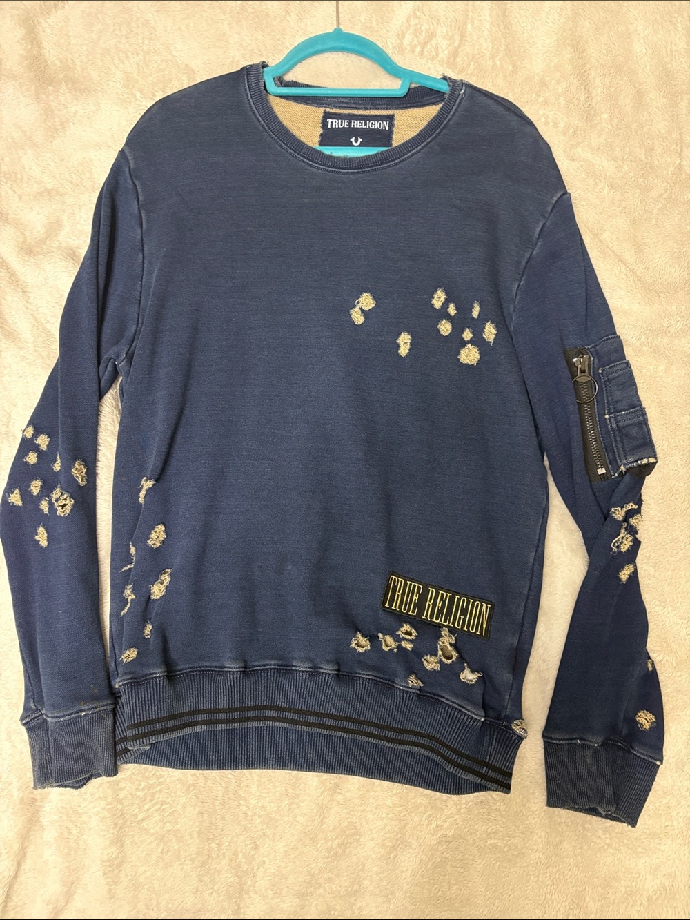 True Religion Navy Crewneck Sweatshirt with Distressed Accents